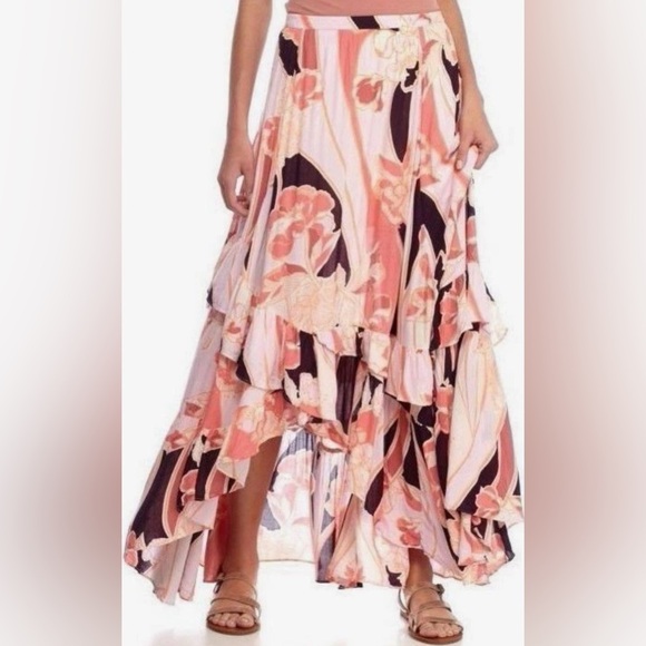 Free People Pink Bring Back The Summer Asymmetric Ruffle Maxi Skirt Size 10 NWT - Picture 1 of 16